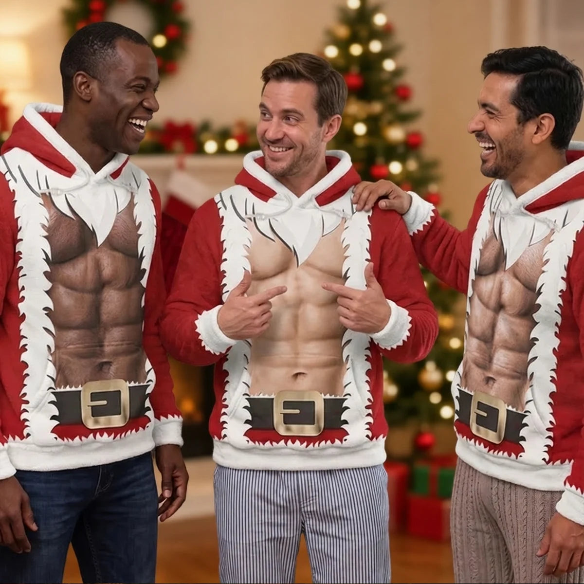 Personalized Printed Hoodie, Red and White Ripped Santa Suit with Faux Abs, Unique Christmas Gift for Him