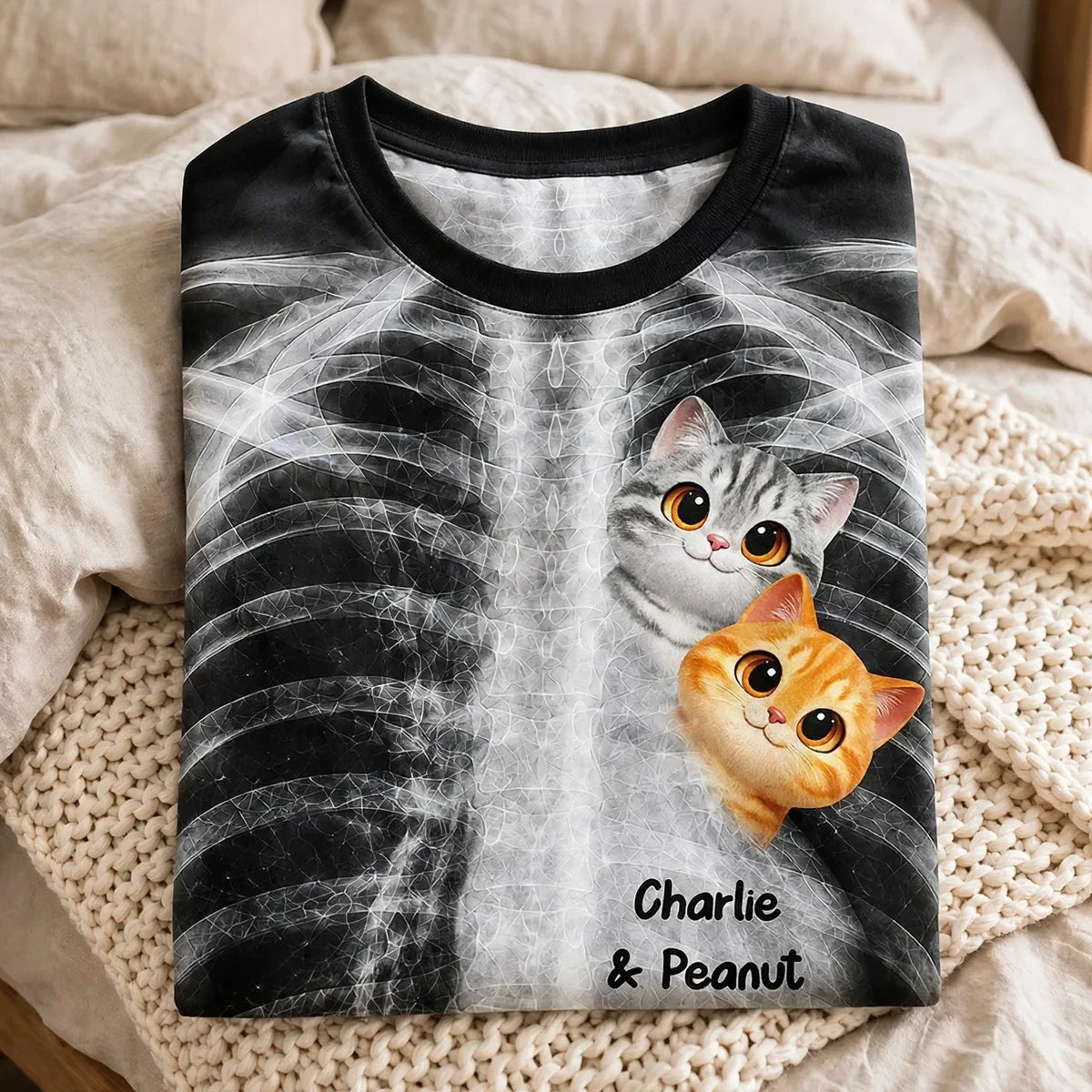 Printed Classic Tee with Cats Close to Your Heart X-Ray Art, Personalized Creative Gift for Cat Lovers
