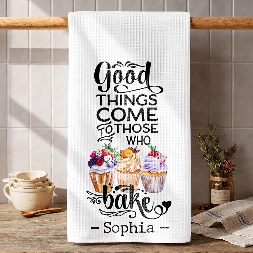 Personalized Kitchen Towel with Watercolor Cupcakes, Unique Gift for Bakers and Home Cooks