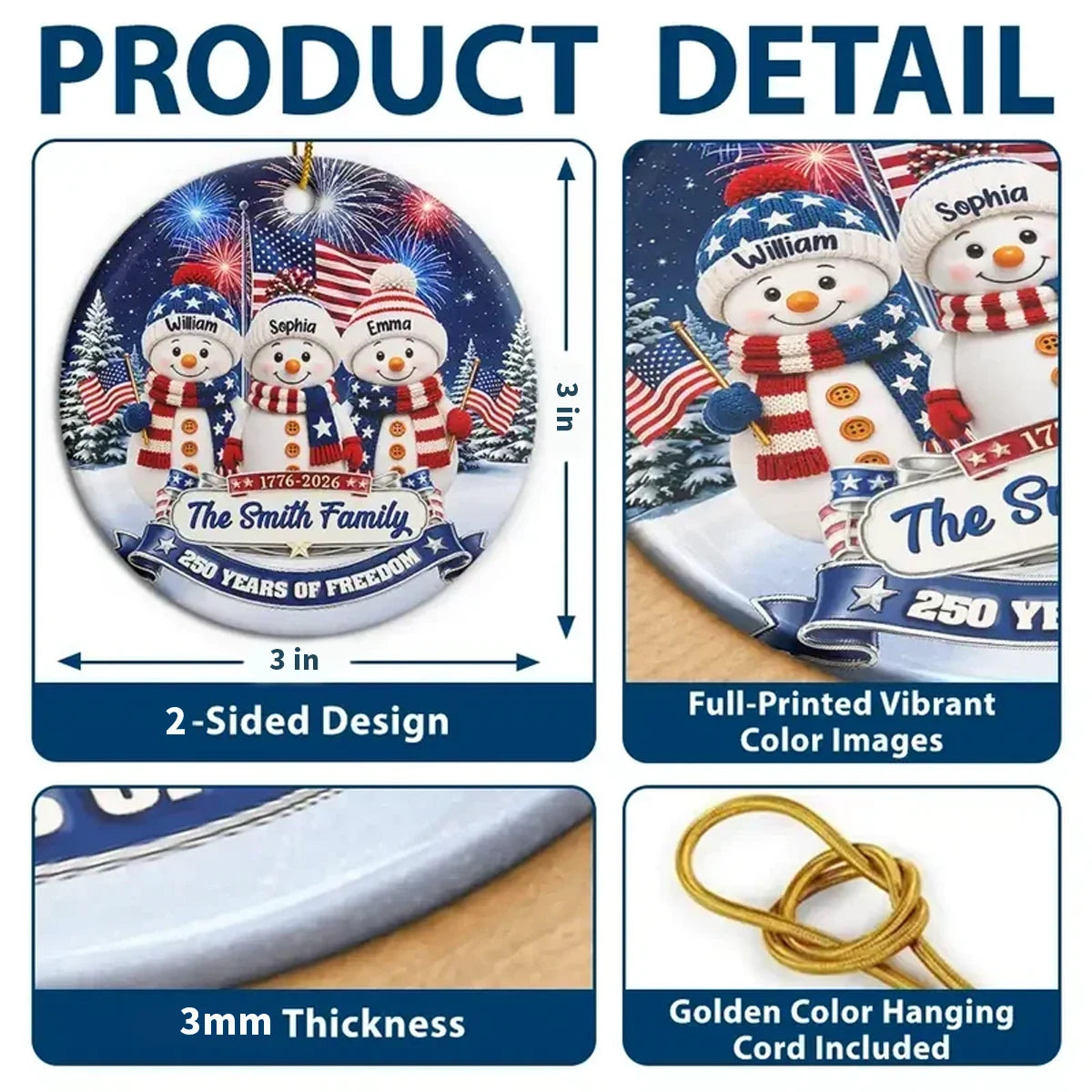 Personalized USA 250th Anniversary Snowman Family Ornament, American Flag Christmas Keepsake, Custom Family Gift