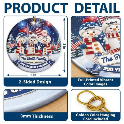 Personalized USA 250th Anniversary Snowman Family Ornament, American Flag Christmas Keepsake, Custom Family Gift