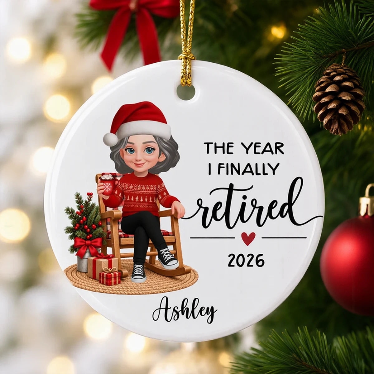 Personalized Ceramic Ornament, Retired Woman Holding a Mug in a Christmas Rocking Chair Scene, Unique Gift