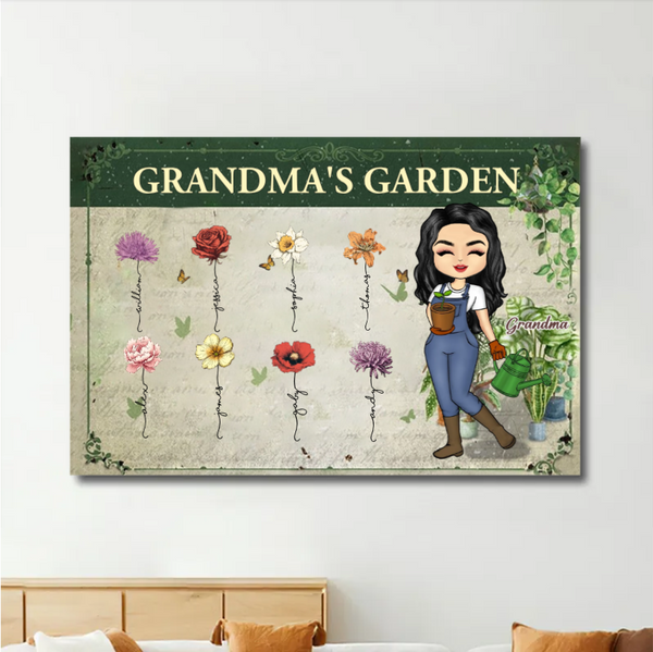 Grandma's Custom Garden: Personalized Grandchildren Flower Art Poster, Canvas, Ornament, and Metal Sign – Perfect for Home Decor or Gift