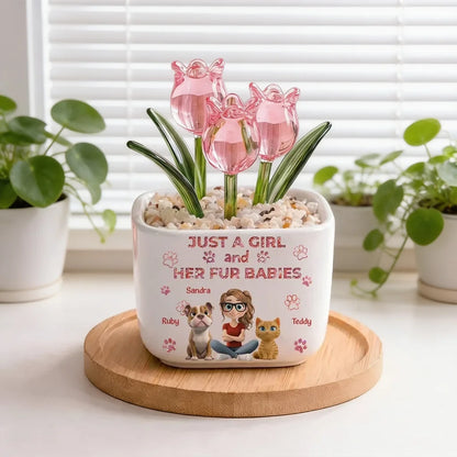 Personalized Square Glass Planter, Pink Tulips With Girl & Fur Babies, Unique Gift For Pet Mom