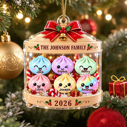 Personalized Acrylic Ornament, Cute Pastel Dumpling Family in Festive Candy Display, Unique Christmas Gift for Family