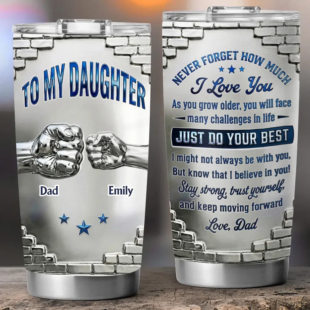 Personalized Insulated Travel Tumbler for Daughter, Dad's Encouraging Unique Gift with Fist Bump Art