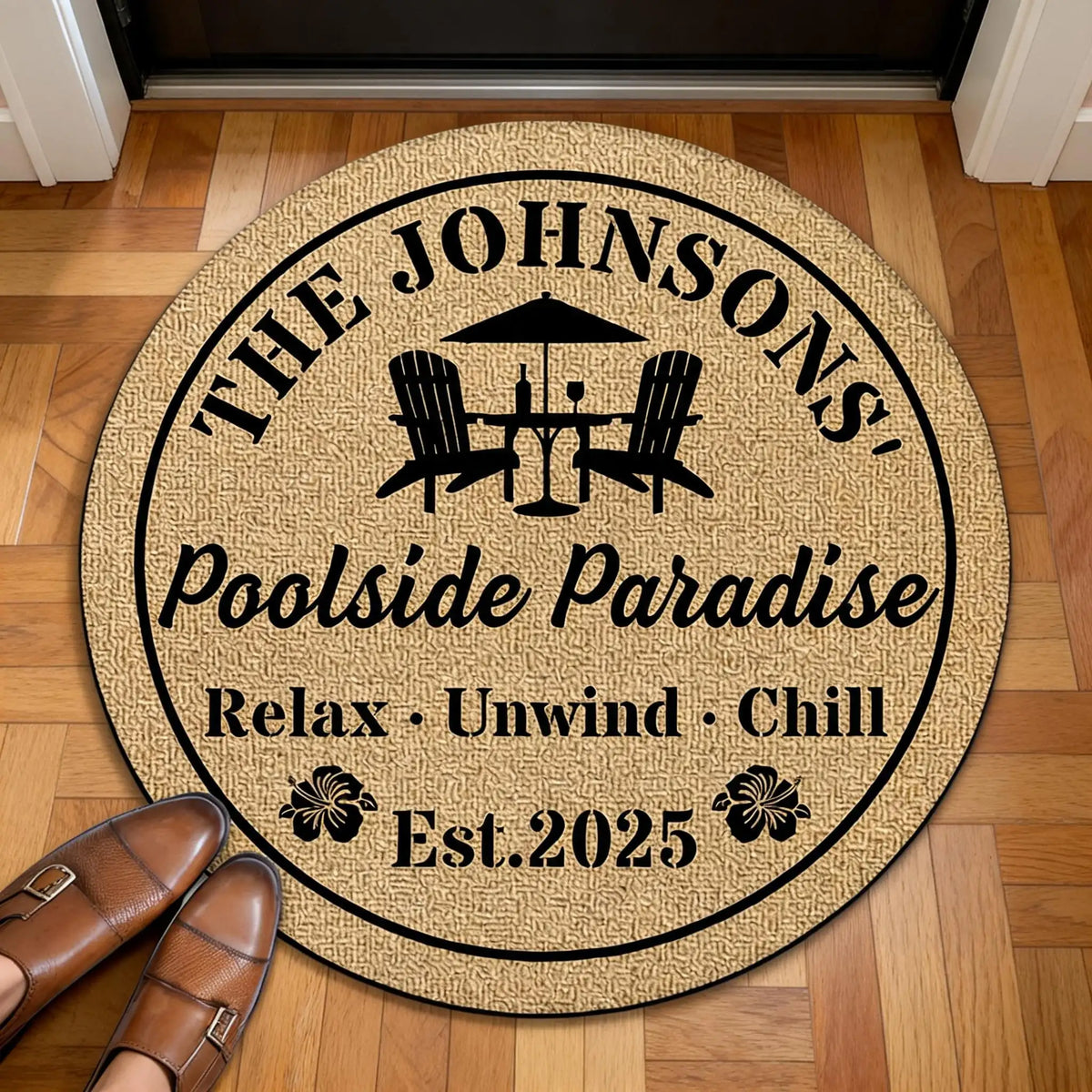 Custom Shaped Doormat with Pool Chairs & Umbrella, Relax Unwind Chill, Creative Gift for Homeowners