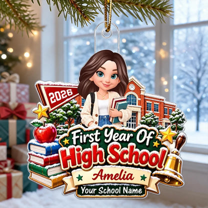 Personalized Acrylic Ornament, Book-Holding Student at Snowy Schoolhouse, Unique Christmas Gift for Daughter