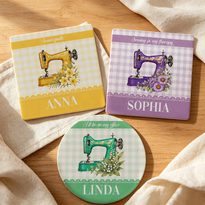 Personalized Round Ceramic Coaster with Vintage Sewing Machine, Floral Gingham Creative Gift for Sewing Lovers