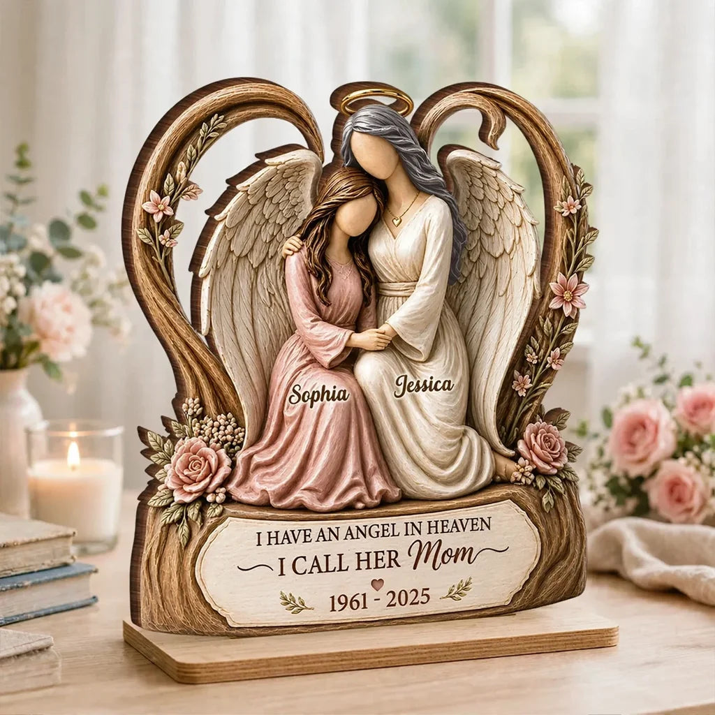 Personalized 2-Layer Wooden Plaque, Warm Angel and Daughter Embrace, Unique Sympathy Gift for Daughter