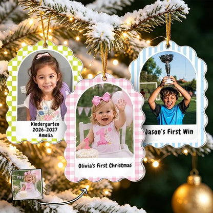 Personalized Acrylic Ornament With Pattern Border, Child Milestone Keepsake, Unique Christmas Gift for Family
