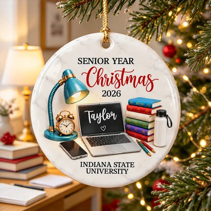 Personalized Ceramic Ornament, Teal Study Desk Senior Year Christmas Keepsake, Unique Graduation Gift for Student
