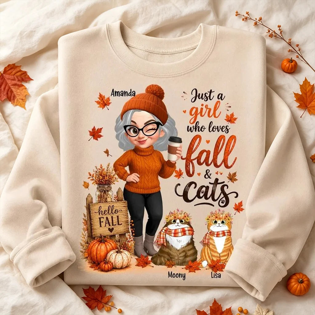 Personalized Fall & Cats Sweatshirt, Custom Cat Mom Design with Coffee, Unique Gift for Cat Lover