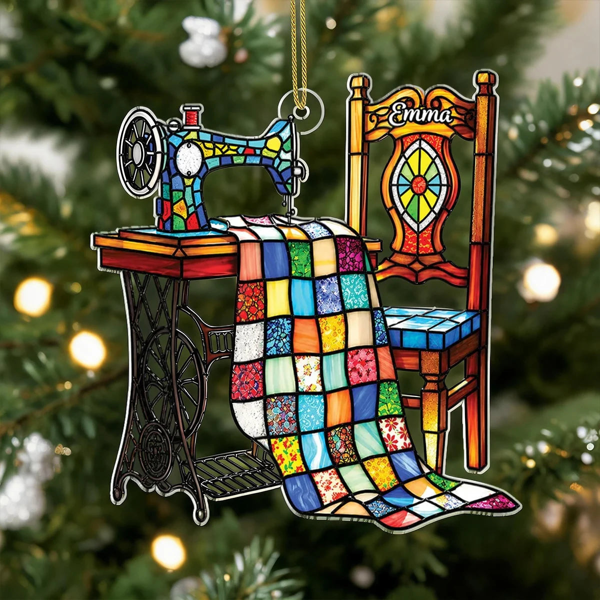 Personalized Acrylic Ornament with Colorful Sewing Machine and Quilt, Unique Gift for Sewing Lovers