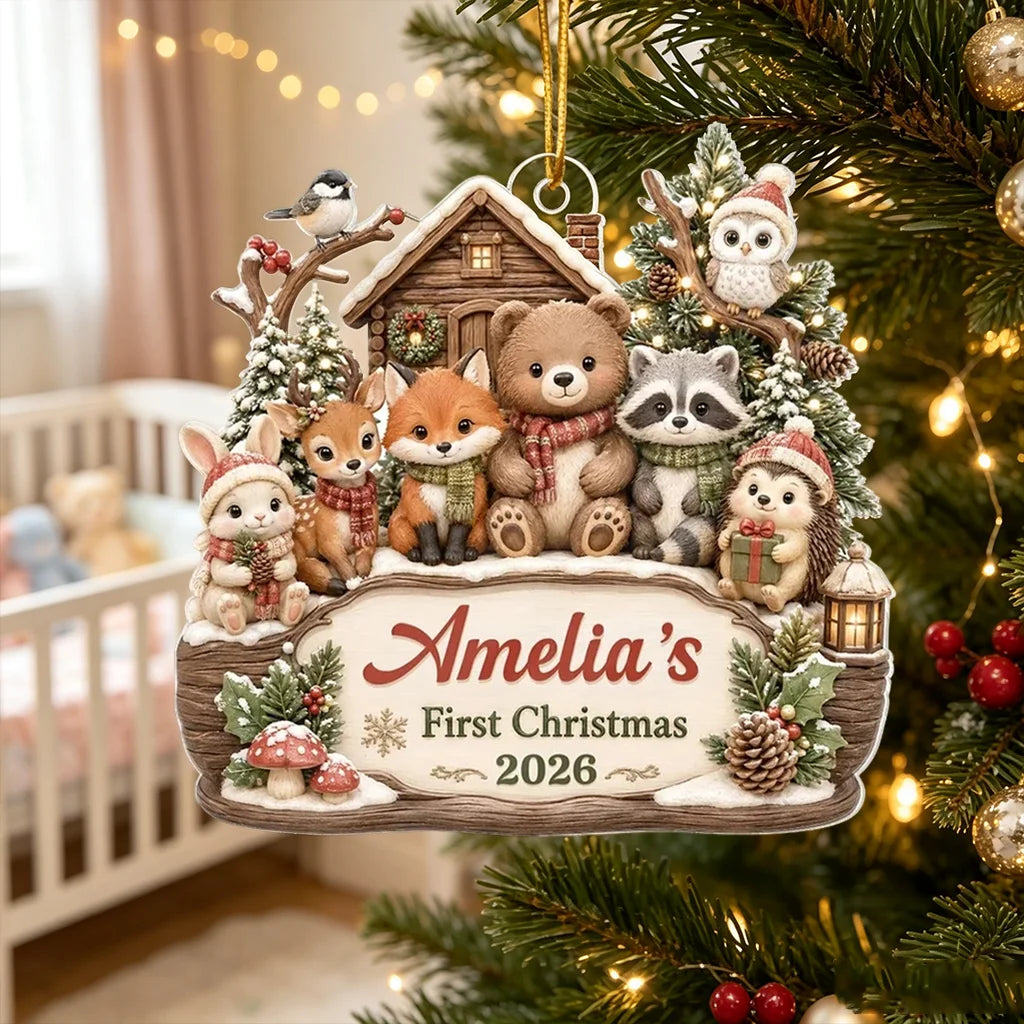 Personalized Acrylic Ornament, Woodland Animals by a Snowy Cabin, Unique Creative Gift for New Parents
