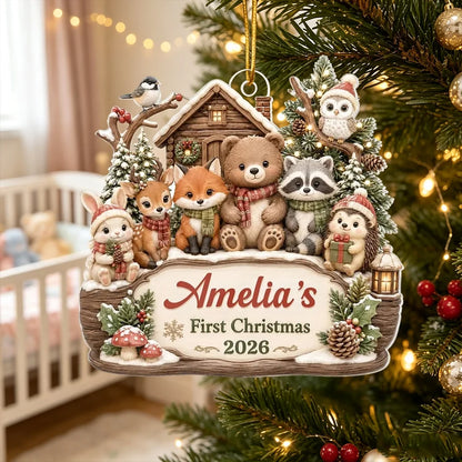 Personalized Acrylic Ornament, Woodland Animals by a Snowy Cabin, Unique Creative Gift for New Parents