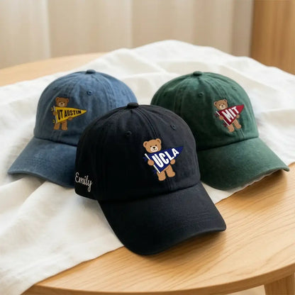 Personalized Washed Denim Baseball Cap, Cute Bear Holding Pennant, Unique Gift for Students & Friends