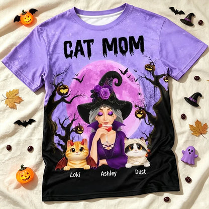 Personalized Cat Mom Printed Classic Tee, Witch and Cats Under Purple Moon, Creative Halloween Gift for Cat Lovers