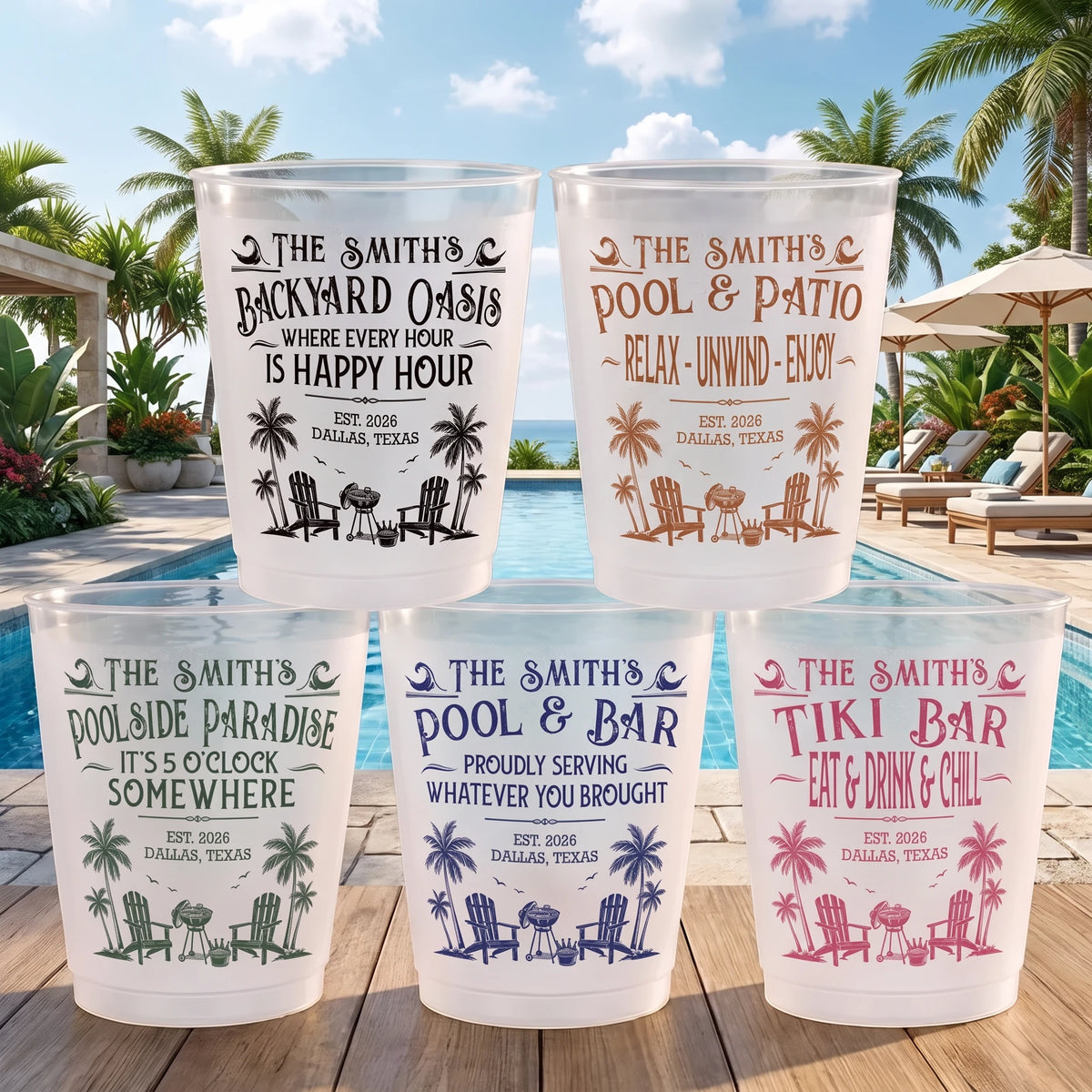 Personalized Frosted Plastic Cup with Pool & Patio Design, Unique Gift for Family & Friends