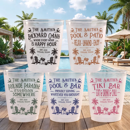 Personalized Frosted Plastic Cup with Pool & Patio Design, Unique Gift for Family & Friends