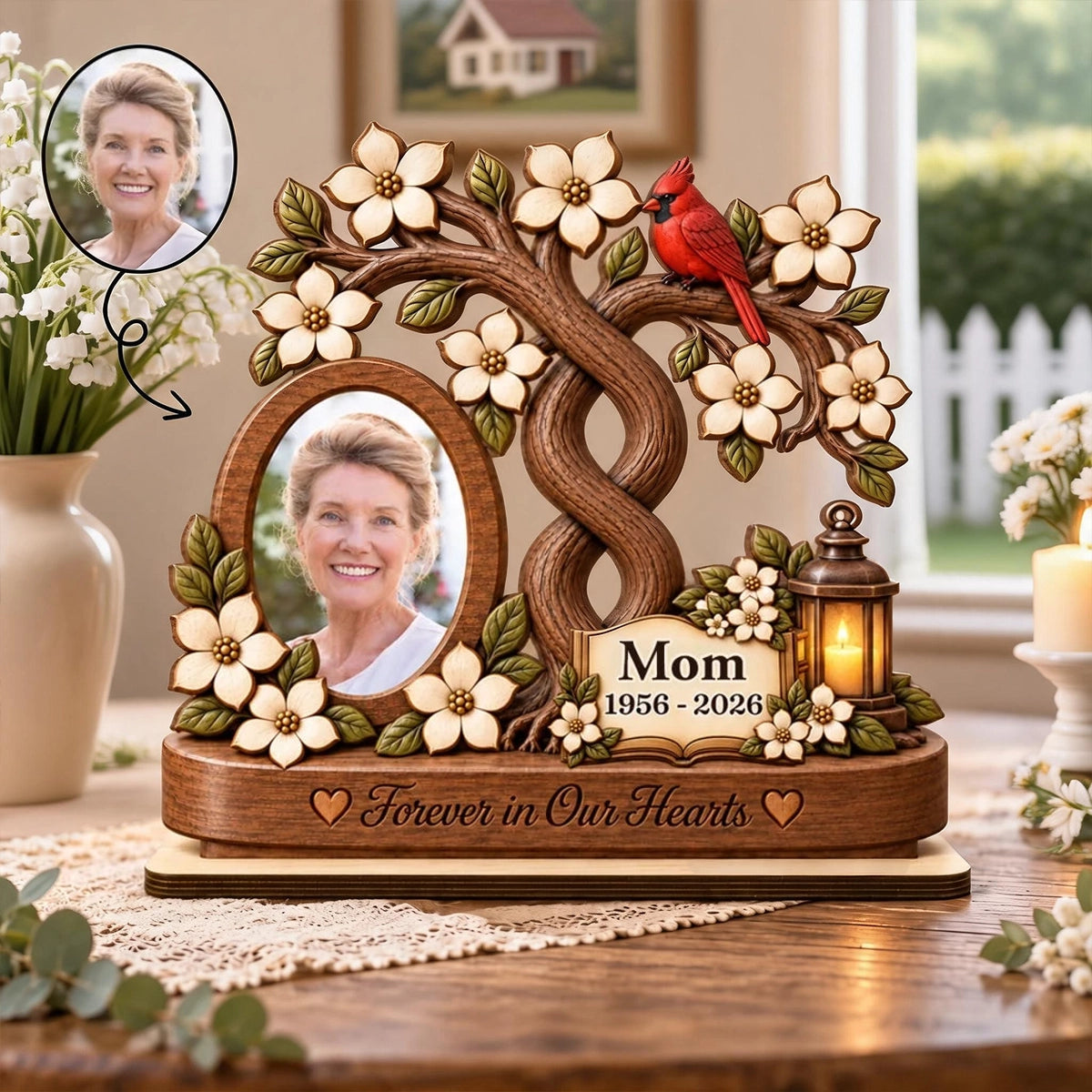 Personalized 2-Layer Wooden Plaque, Forever in Our Hearts Mom Memorial, Creative Sympathy Gift with Warm Rustic Art
