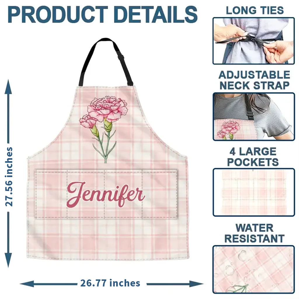 Personalized Floral 4-Pocket Apron in Soft Pastel Plaid, Unique Keepsake Gift for Mom, Sister or Friend