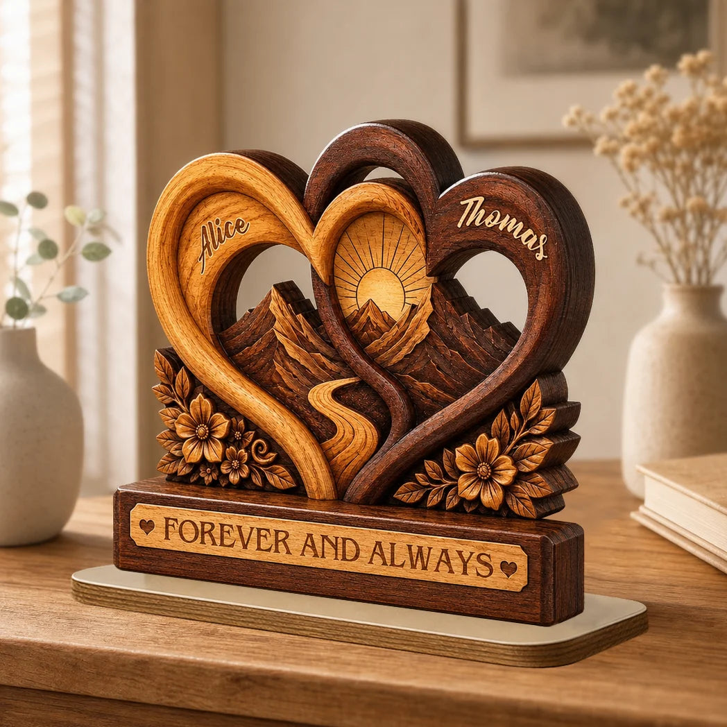 Personalized 2-Layer Wooden Plaque, Intertwined Hearts & Mountain Sunrise, Unique Gift for Couples