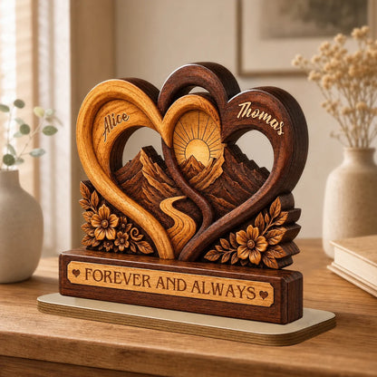 Personalized 2-Layer Wooden Plaque, Intertwined Hearts & Mountain Sunrise, Unique Gift for Couples