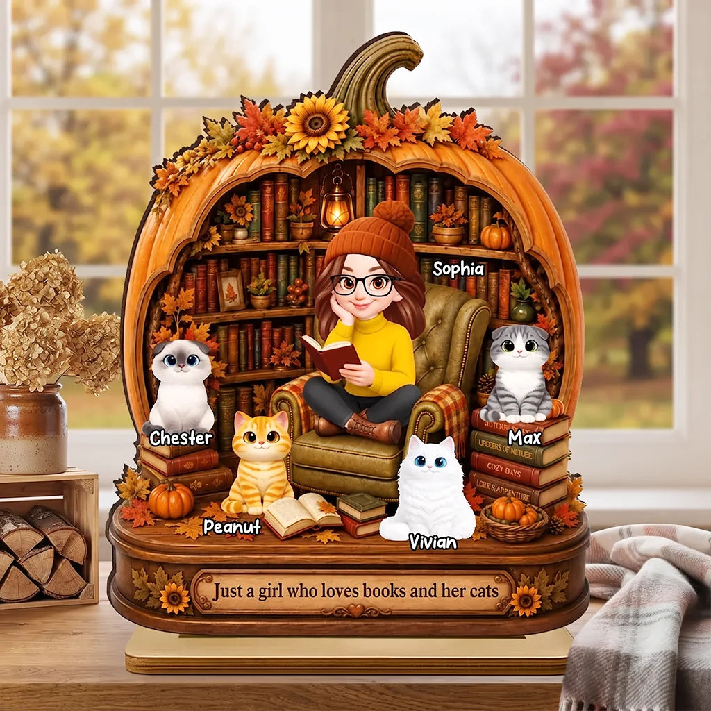 Personalized 2-Layer Wooden Plaque, Reading Girl with Cats in an Autumn Library, Unique Gift for Book Lovers