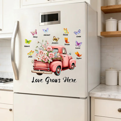 Personalized Floral Truck Family Decal with Butterflies, “Love Grows Here” Gift for Grandma