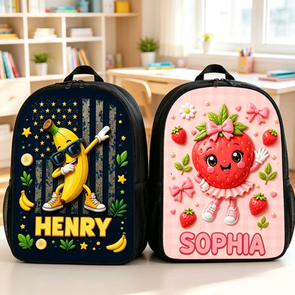 Personalized Kids School Backpack, Strawberry & Banana Cartoon Design, Unique Creative Gift for Kids
