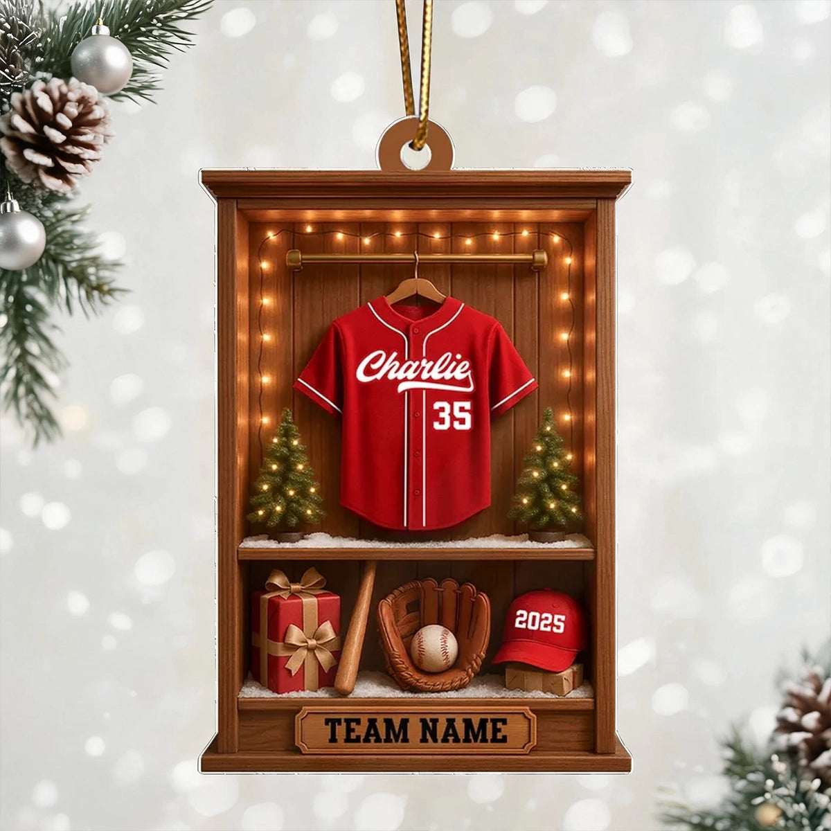 Personalized Baseball Acrylic Ornament, Warm Wood Locker Scene, Unique Christmas Gift for Baseball Fans