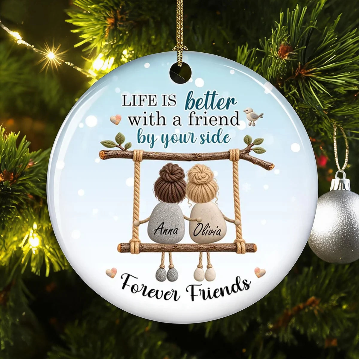 Personalized Ceramic Ornament, Friends on a Swing in Pale Blue, Unique Christmas Gift for a Close Friend