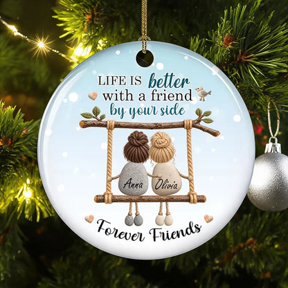 Personalized Ceramic Ornament, Friends on a Swing in Pale Blue, Unique Christmas Gift for a Close Friend