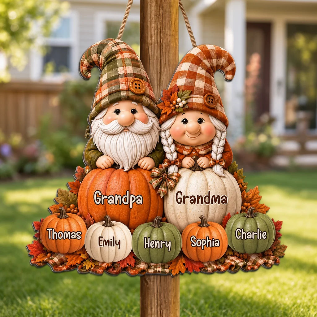 Personalized Wooden Sign, Grandparent Gnomes Seated in a Fall Pumpkin Patch, Unique Gift for Grandma and Grandpa