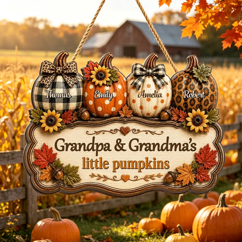 Personalized Wooden Sign With Fall Pumpkins, Unique Creative Gift For Grandparents & Kitchen Decor