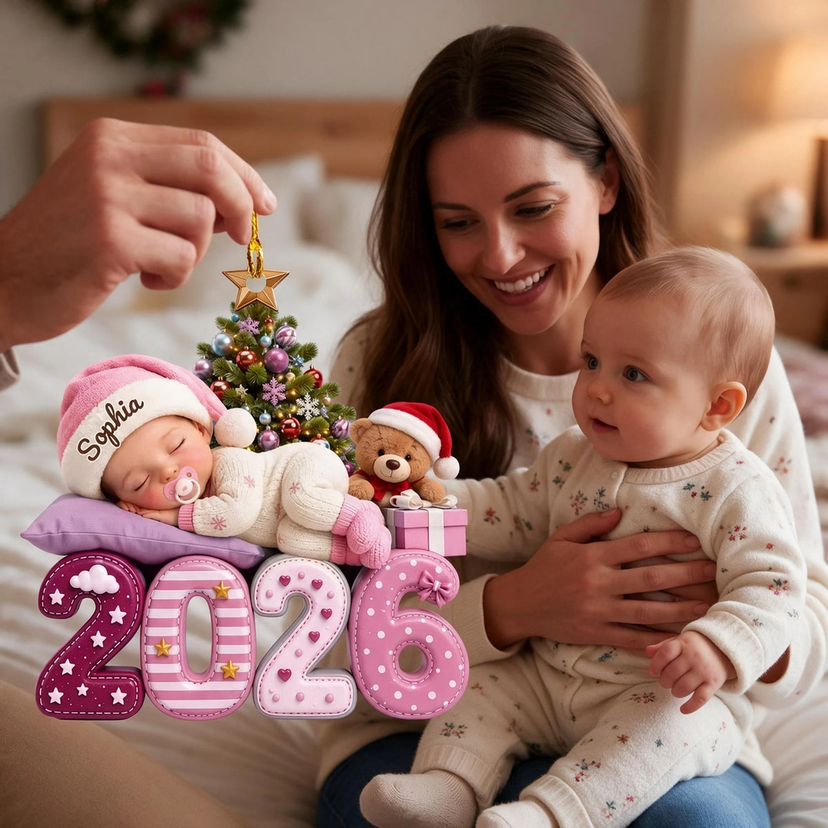 Personalized Acrylic Ornament with Sleeping Baby by Christmas Tree, Unique Gift for New Parents