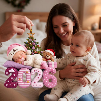 Personalized Acrylic Ornament with Sleeping Baby by Christmas Tree, Unique Gift for New Parents
