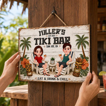 Personalized Tiki Bar Wooden Sign, Cartoon Couple Holding Drinks, Unique Gift For Couples