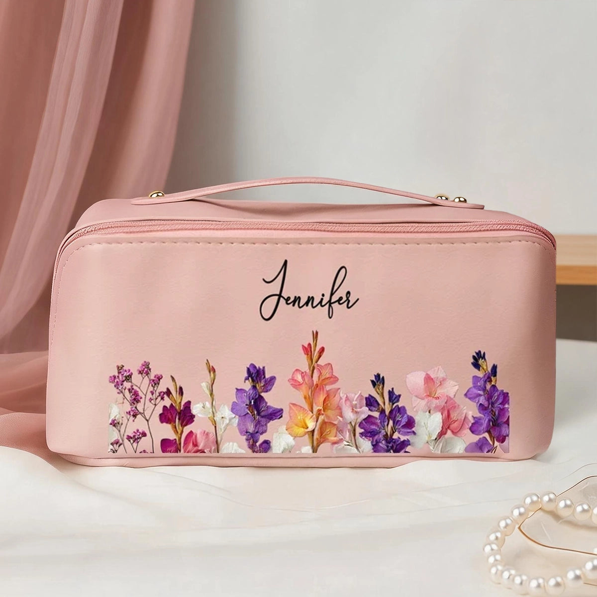 Personalized Blush Floral Leather Makeup Bag, Birth Flower Keepsake, Creative Gift for Mom, Sister or Friend