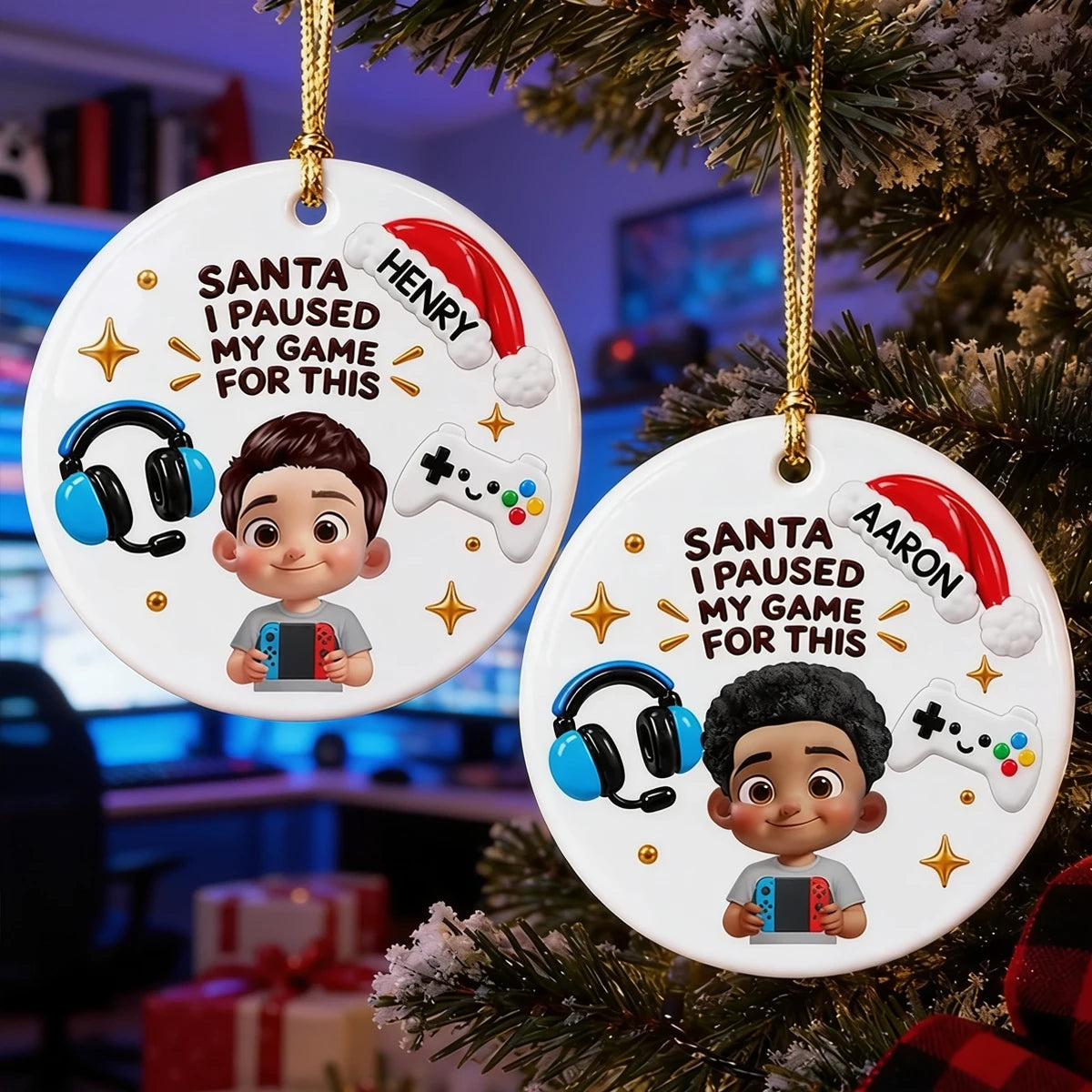 Personalized Ceramic Ornament, Cartoon Gamer Holding Controller by Christmas Tree, Unique Gift for Young Gamers
