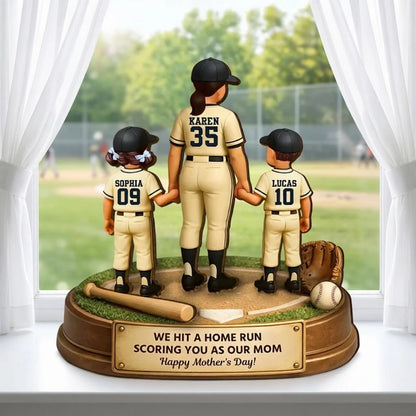 Personalized 2-Layer Wooden Plaque, Baseball Mom Holding Kids' Hands, 'We Hit a Home Run' Message, Unique Mother's Day Gift