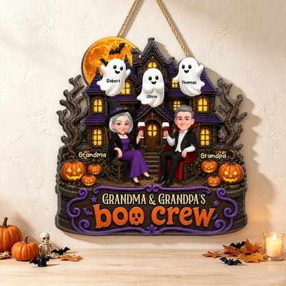Personalized Wooden Sign With Seated Grandma & Grandpa, Haunted House Halloween Unique Gift