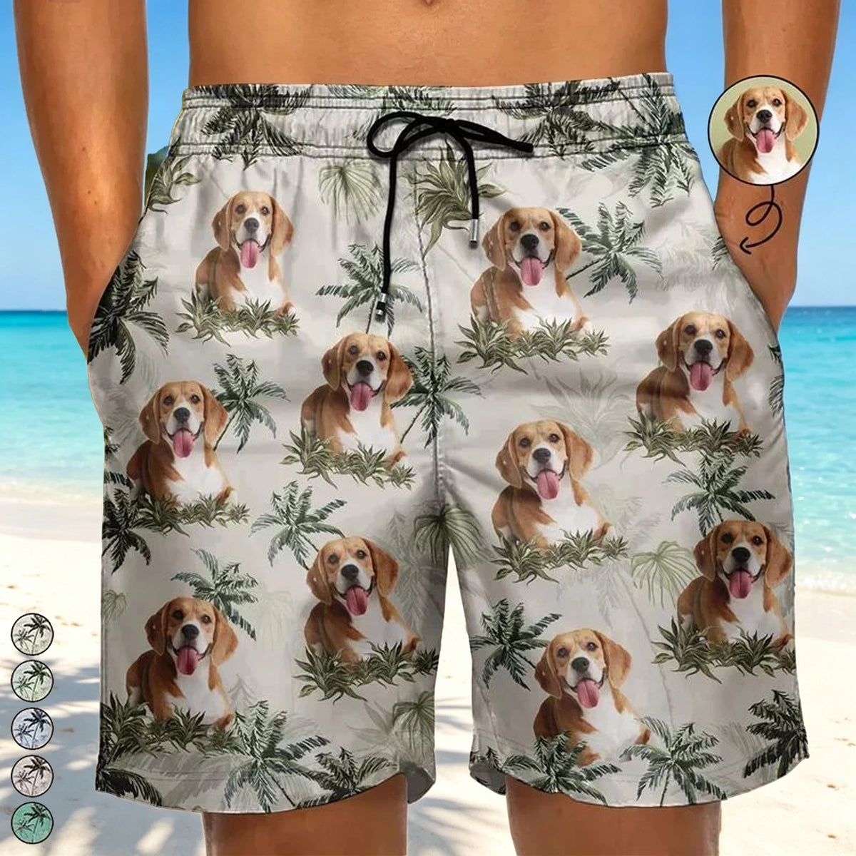 Personalized Men's Beach Shorts with Smiling Dog & Tropical Palms, Unique Gift for Dog Dad Vacation