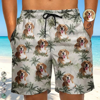 Personalized Men's Beach Shorts with Smiling Dog & Tropical Palms, Unique Gift for Dog Dad Vacation