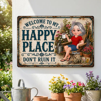 Personalized Rectangular Iron Sign with Relaxing Gardener, Vintage Happy Place Decor, Unique Gift for Mom