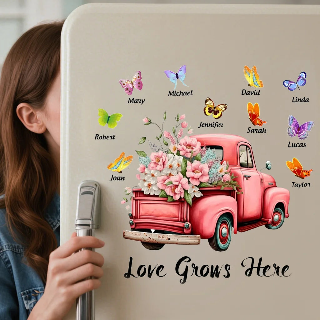 Personalized Floral Truck Family Decal with Butterflies, “Love Grows Here” Gift for Grandma
