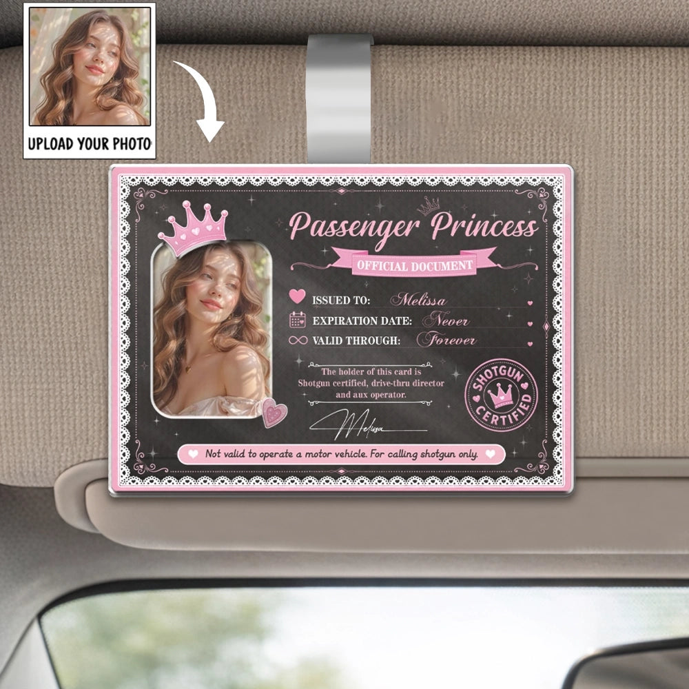 Custom Front Seat Royalty Car Visor Clip, Funny Photo Keepsake & Unique Creative Gift For Her