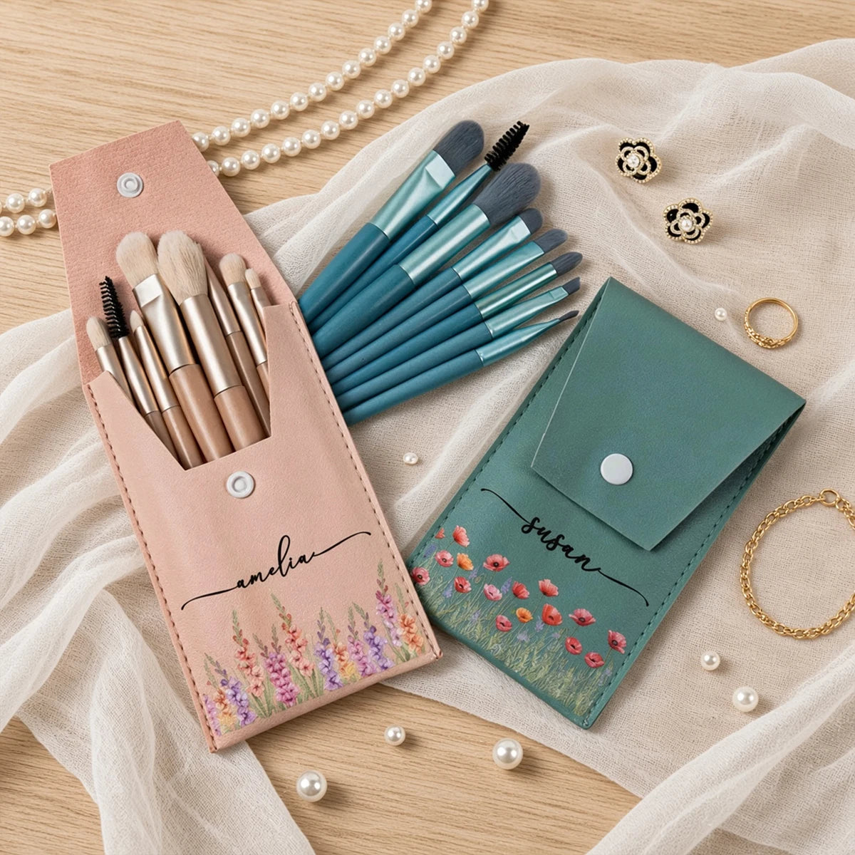 Leather Makeup Brush Set, Personalized Teal Floral Keepsake, Creative Gift for Wife, Daughter or Friend