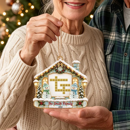 Personalized Acrylic Ornament, Family Name Crossword with Snowmen by a Snowy Cottage, Unique Gift for Family
